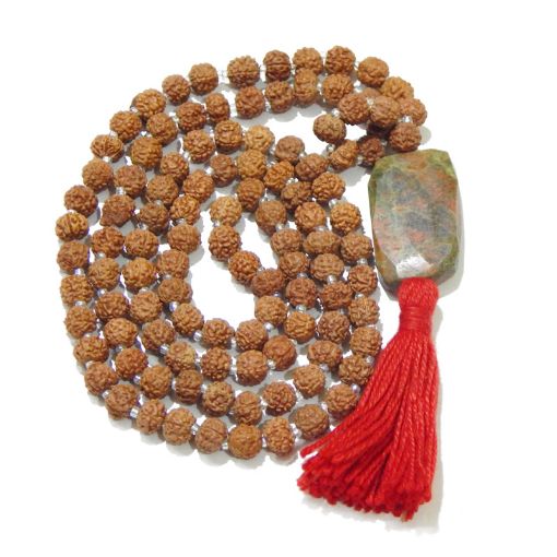 Rudraksha Mala with Unakite Faceted Tumble