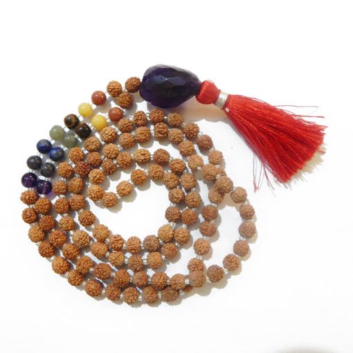 Rudraksha Mala with Amethyst Dark Faceted Tumble Pendant