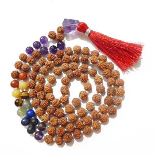 Rudraksha Mala with Amethyst Faceted Tumble Pendant