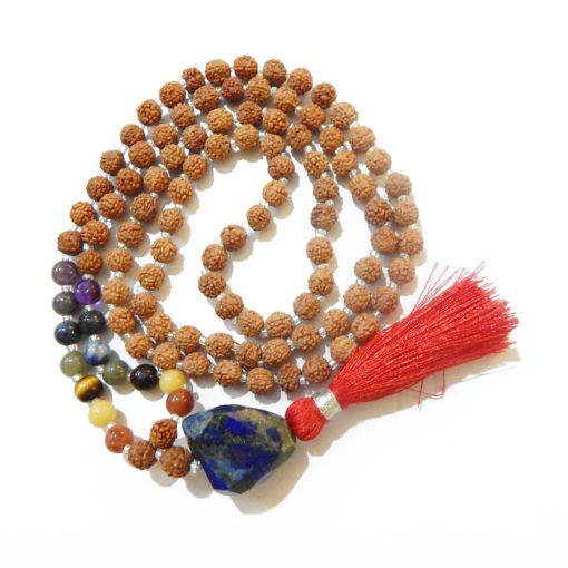 Rudraksha Mala with Lapis Lazuli Faceted Tumble Pendant