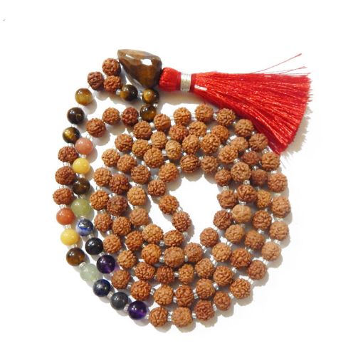 Rudraksha Mala with Tiger Eye Faceted Tumble Pendant