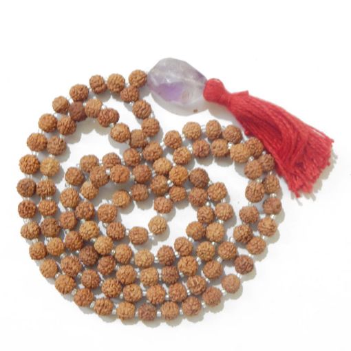 Rudraksha Mala with Amethyst Light Faceted Tumble Pendant
