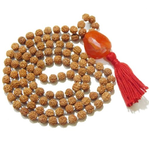 Rudraksha Mala with Carnelian Faceted Tumble Pendant