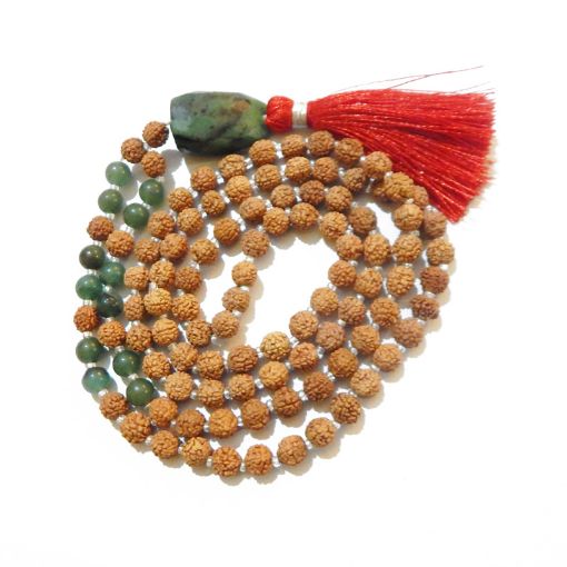 Rudraksha Mala with Green Aventurine Faceted Tumble Pendant 