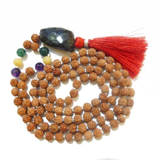 Rudraksha Mala with Lazuli Faceted Tumble Pendant
