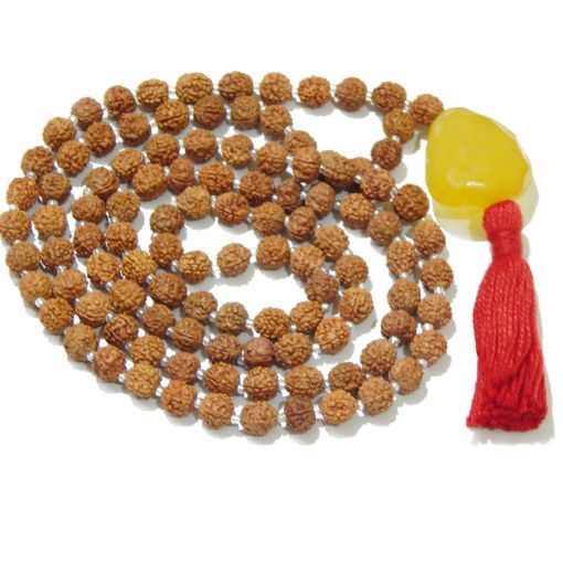 Rudraksha Mala with Yellow Aventurine Faceted Tumble Pendant