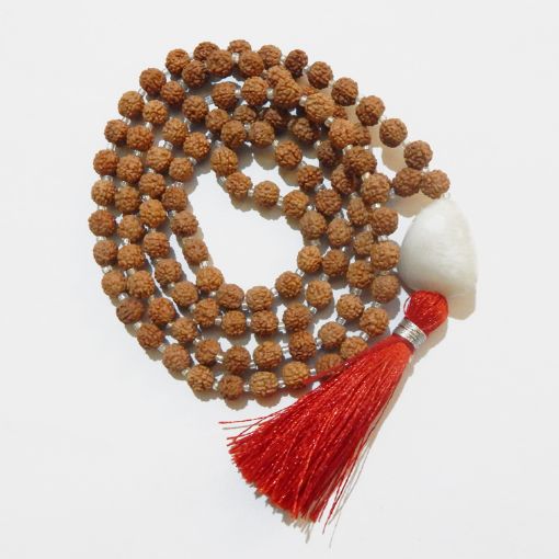 Rudraksha Mala with White Agate Faceted Tumble Pendant